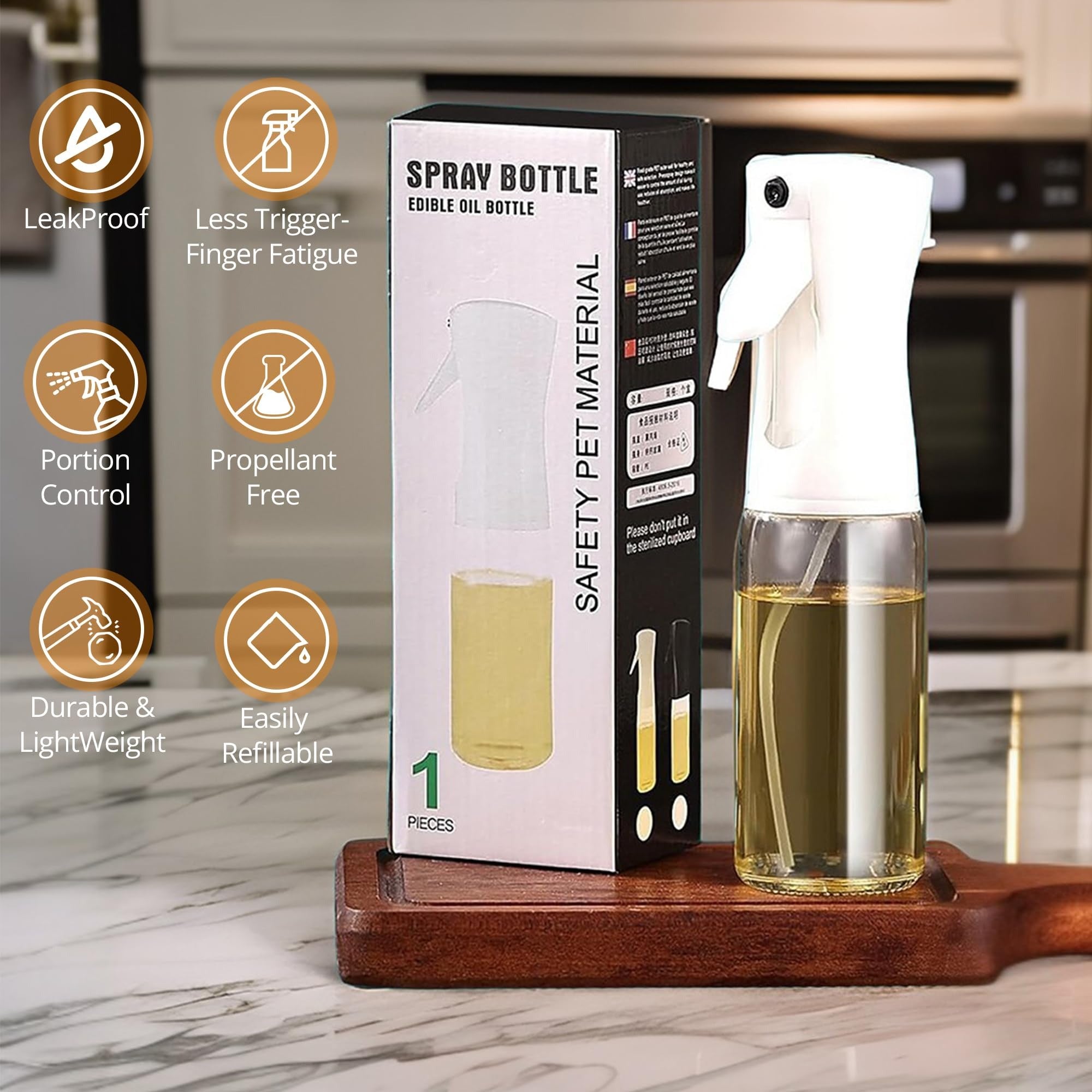 Edible Oil Spray Bottle | 220ml Glass Bottle | With Brush | Refillable | For Air Fryer, Baking & Grilling