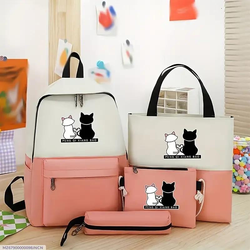 Cute Cat Print 5-in-1 School Bag Set for Girls – Backpack, Handbag, Crossbody Pouch, Pencil Case