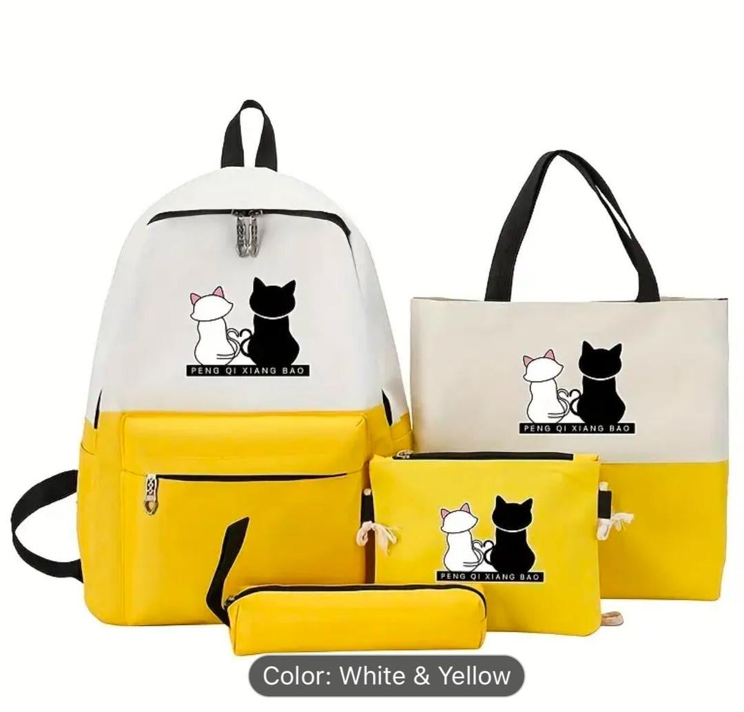Cute Cat Print 5-in-1 School Bag Set for Girls – Backpack, Handbag, Crossbody Pouch, Pencil Case