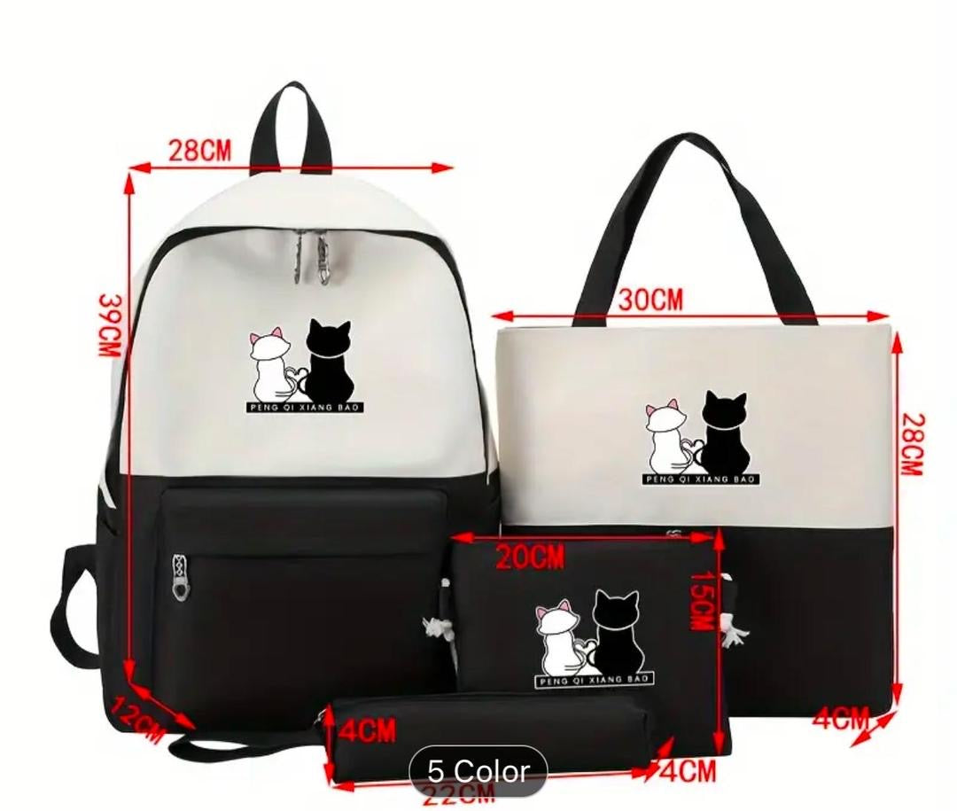 Cute Cat Print 5-in-1 School Bag Set for Girls – Backpack, Handbag, Crossbody Pouch, Pencil Case