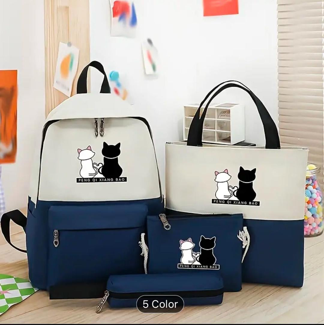 Cute Cat Print 5-in-1 School Bag Set for Girls – Backpack, Handbag, Crossbody Pouch, Pencil Case