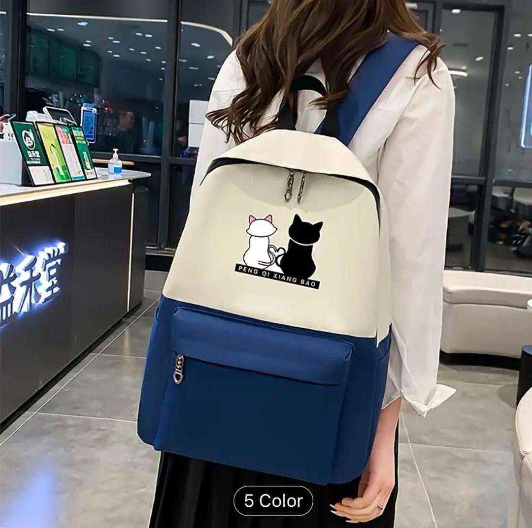 Cute Cat Print 5-in-1 School Bag Set for Girls – Backpack, Handbag, Crossbody Pouch, Pencil Case