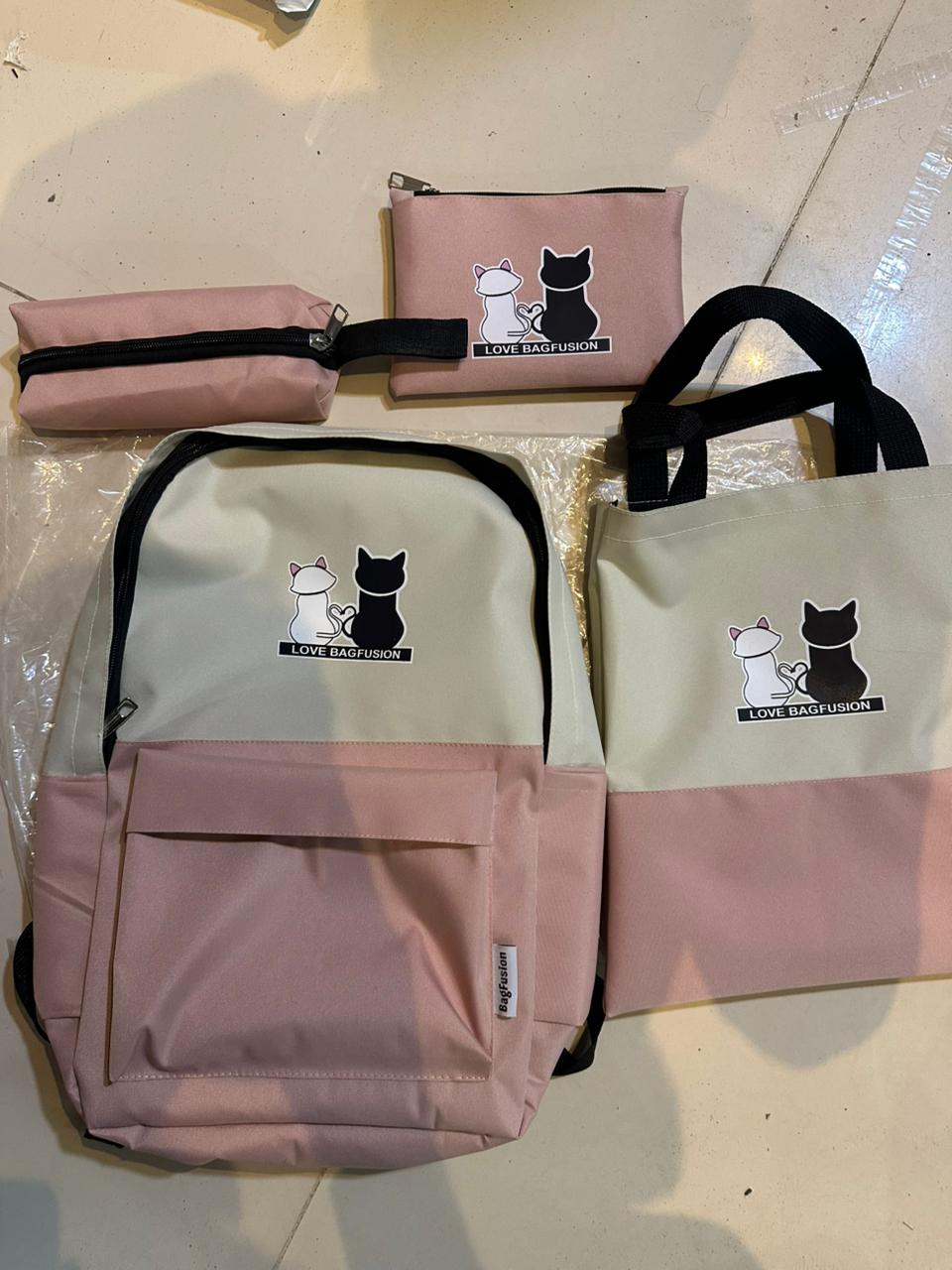 Cute Cat Print 5-in-1 School Bag Set for Girls – Backpack, Handbag, Crossbody Pouch, Pencil Case