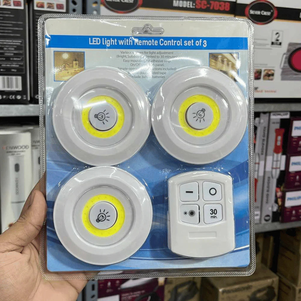 Pack Of 3 LED Remote Control Lights | Tap Light For Cabinet Wardrobe Room Kitchen & Office Use