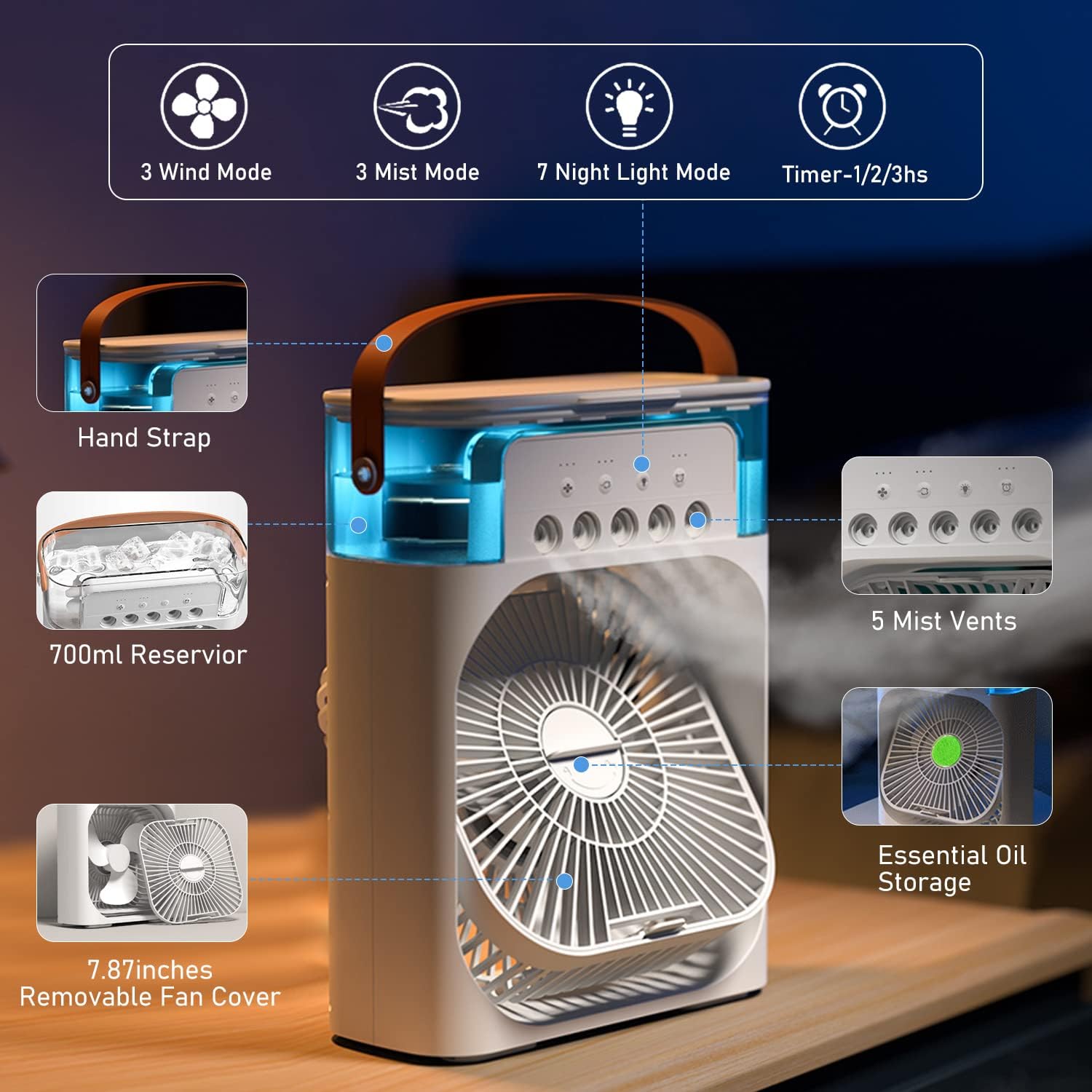 Portable Air Conditioner Fan USB Electric Fan with LED Night Light